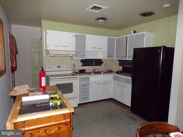 kitchen featuring black refrigerator, white electric range, sink, decorative backsplash, and range hood