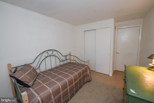 bedroom featuring light carpet and a closet