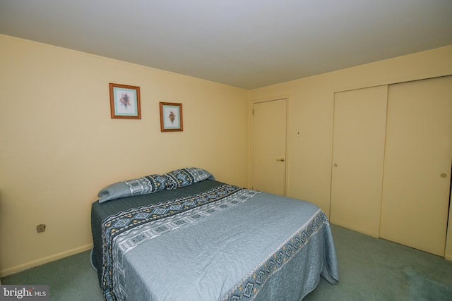 bedroom with carpet and a closet