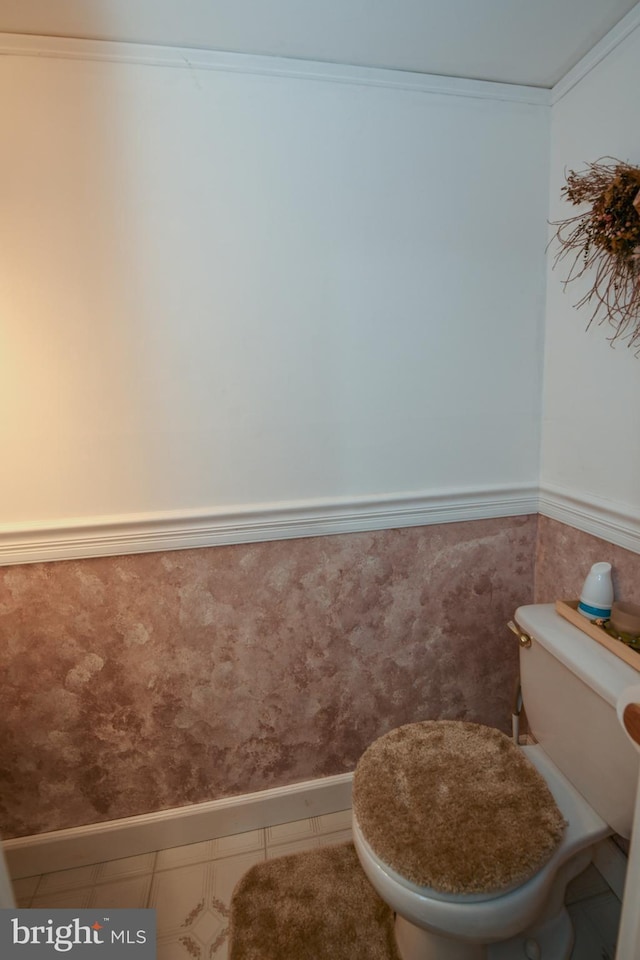 bathroom featuring toilet and crown molding