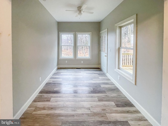 interior space featuring plenty of natural light, ceiling fan, and light hardwood / wood-style flooring