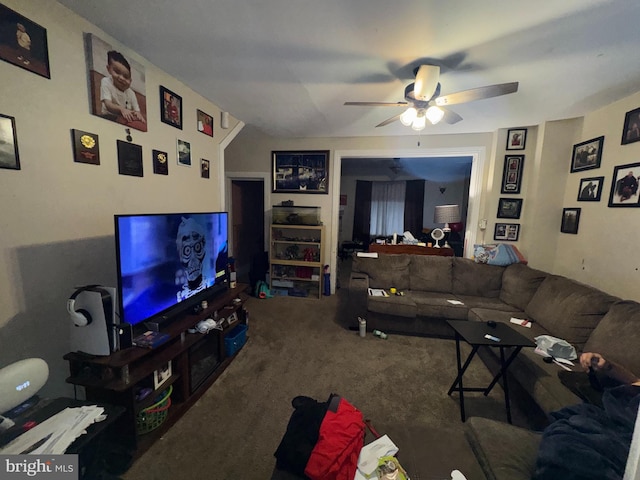 living room with carpet floors and ceiling fan