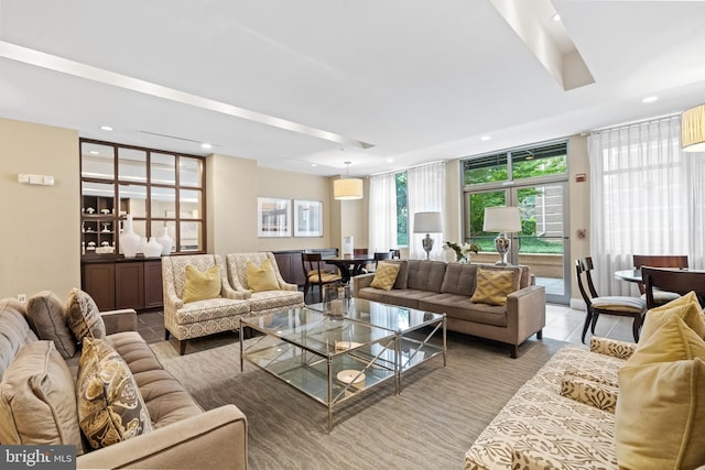 living room with light tile patterned flooring