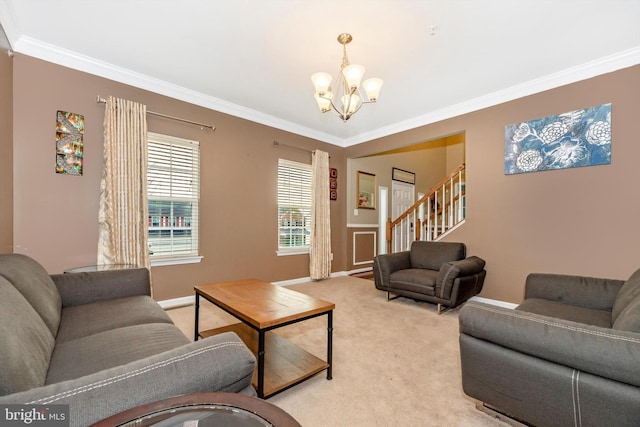 living room with light carpet, a notable chandelier, and ornamental molding