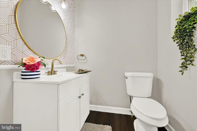 bathroom with vanity, wood-type flooring, and toilet