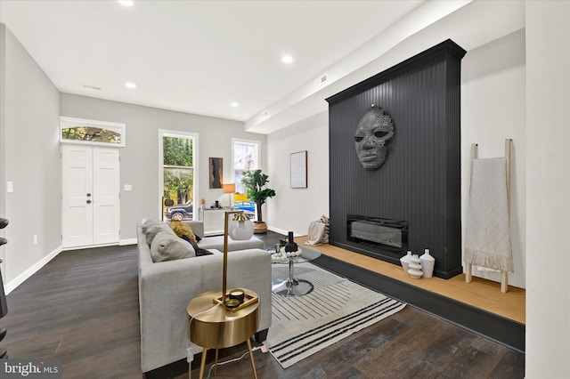 living room featuring a large fireplace and dark wood-type flooring