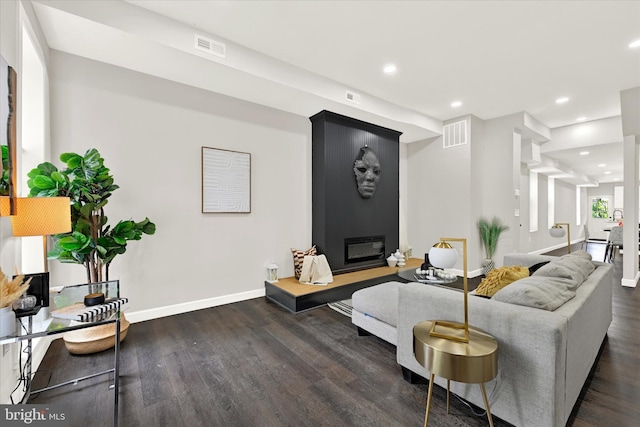 living room featuring dark hardwood / wood-style floors and a large fireplace