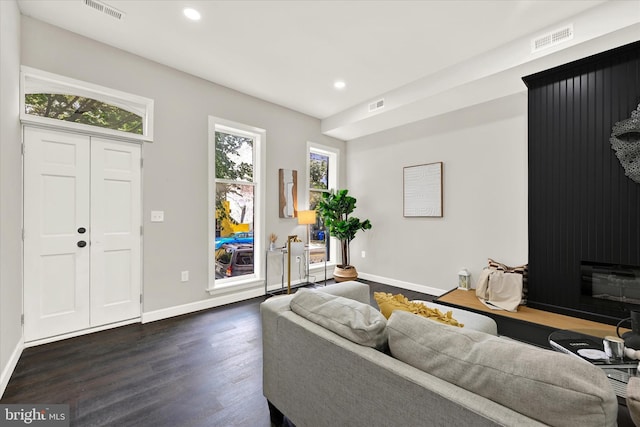 living room featuring dark wood-type flooring