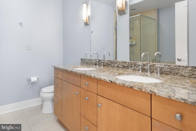 bathroom with tile patterned flooring, vanity, toilet, and walk in shower