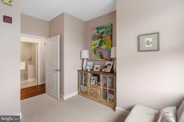 sitting room featuring light colored carpet