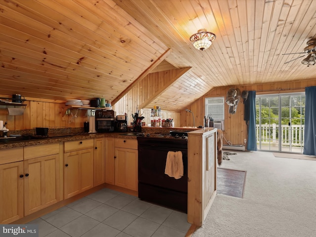 5641 Ridge Rd, Mount Airy, MD 21771 - kitchen with black gas stove, wooden ceiling, vaulted ceiling, wood walls, and baseboard heating