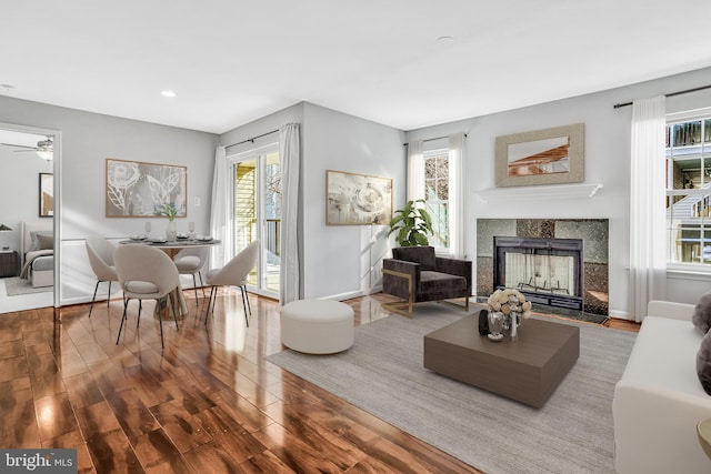 living room featuring wood-type flooring and a tile fireplace