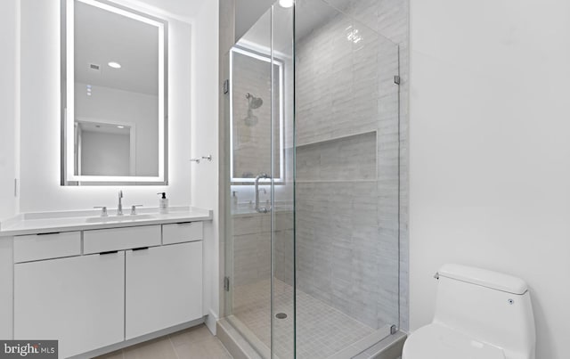 bathroom with tile patterned floors, vanity, toilet, and walk in shower