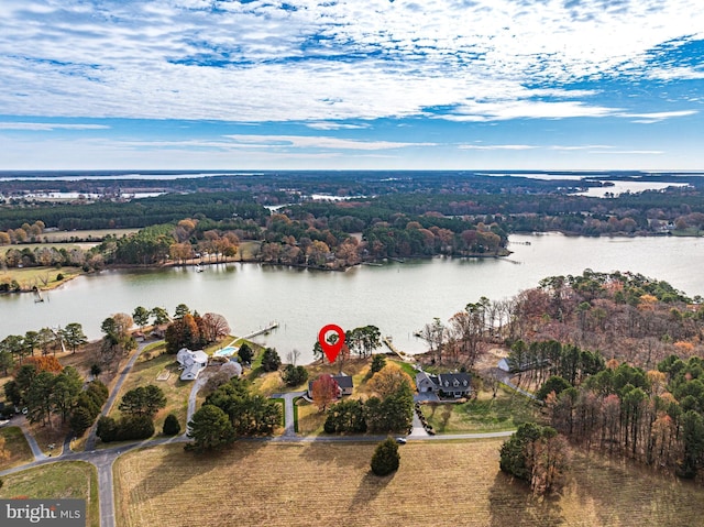 drone / aerial view featuring a water view