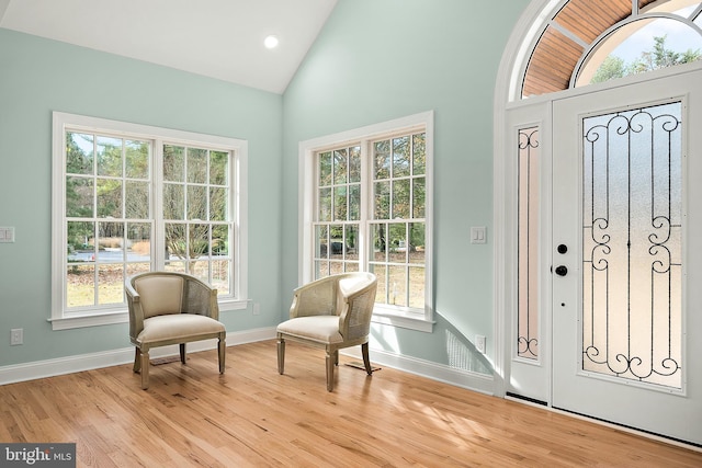 interior space featuring light hardwood / wood-style flooring and high vaulted ceiling