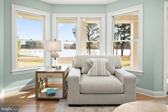 sitting room with a water view, a healthy amount of sunlight, and wood-type flooring