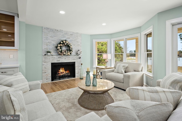 living room with a fireplace and hardwood / wood-style flooring