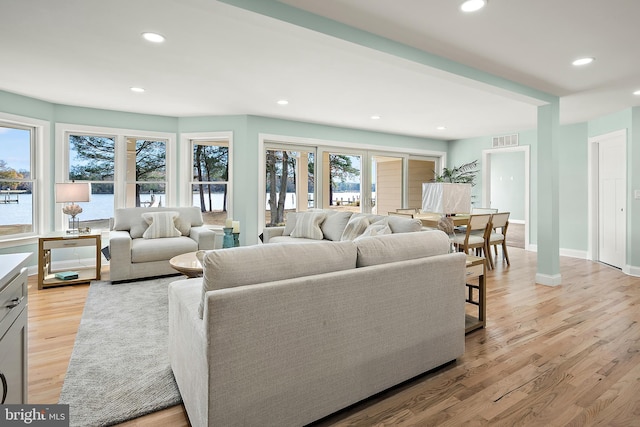 living room featuring light wood-type flooring and plenty of natural light