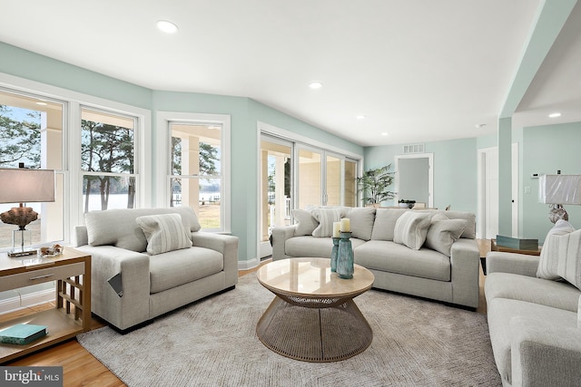 living room featuring french doors and light hardwood / wood-style flooring