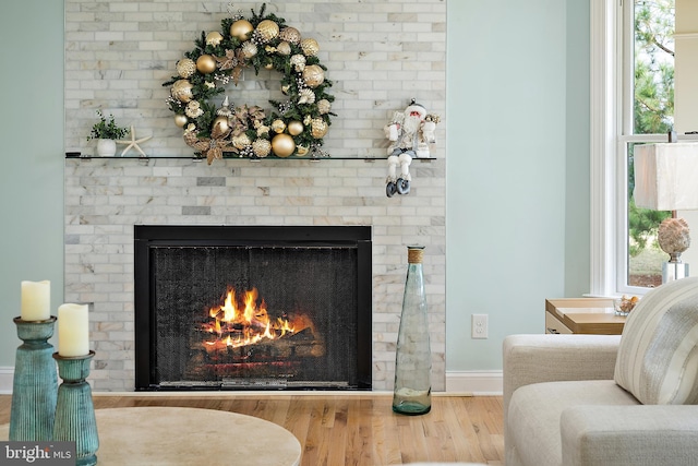 interior details featuring a fireplace and hardwood / wood-style floors