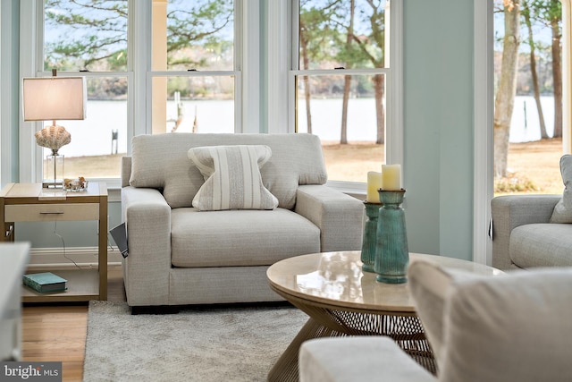 sitting room with plenty of natural light, a water view, and light hardwood / wood-style flooring