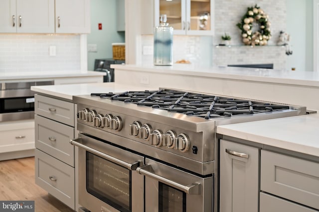 kitchen with backsplash, light hardwood / wood-style floors, and stainless steel appliances