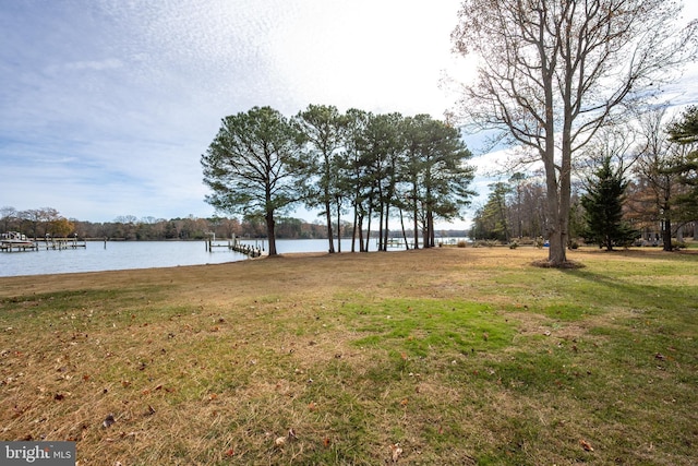 view of yard featuring a boat dock and a water view