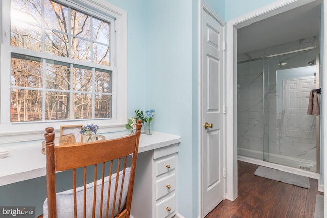 bathroom with hardwood / wood-style flooring