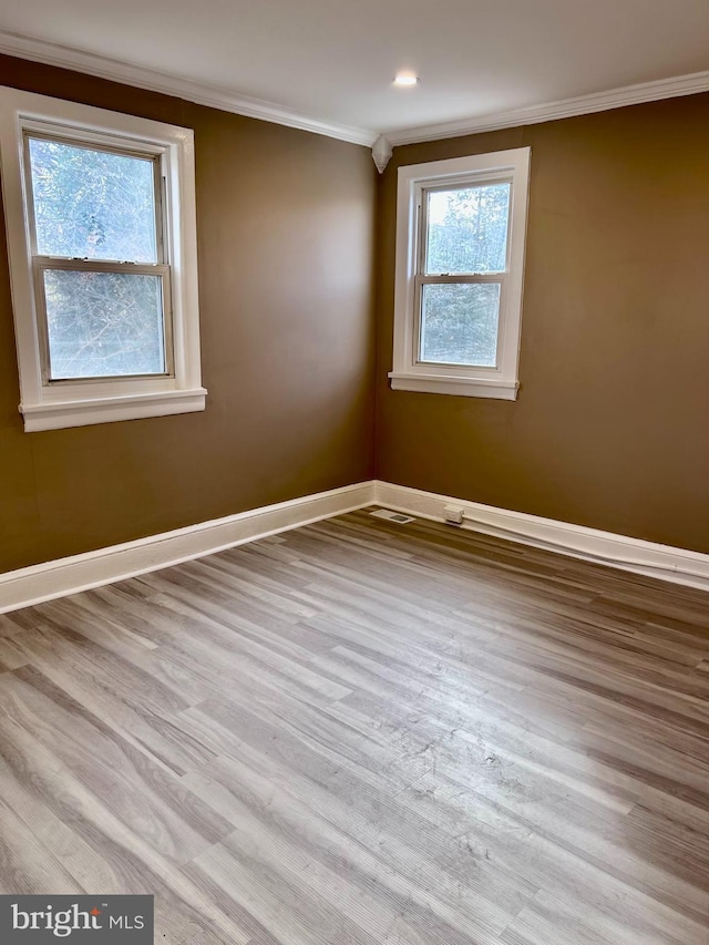 spare room featuring light hardwood / wood-style flooring, plenty of natural light, and crown molding