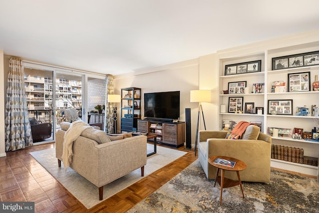 living room with parquet floors