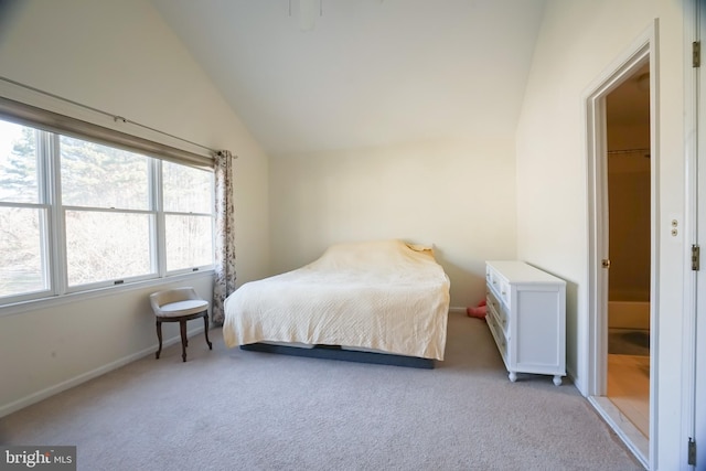 carpeted bedroom with a walk in closet and lofted ceiling