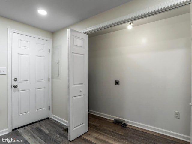 laundry room with electric panel, dark hardwood / wood-style floors, and hookup for an electric dryer