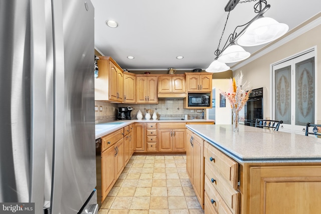 kitchen featuring a center island, black appliances, crown molding, decorative backsplash, and decorative light fixtures