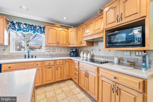 kitchen featuring decorative backsplash, sink, and black appliances