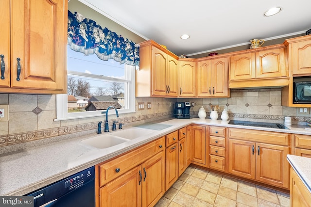 kitchen with sink, tasteful backsplash, light tile patterned flooring, black appliances, and ornamental molding