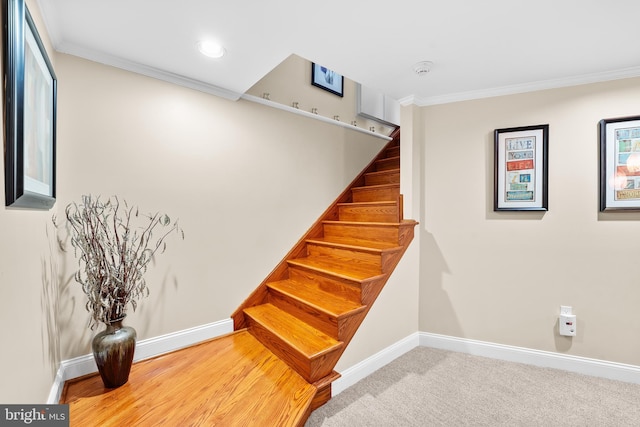 staircase with ornamental molding and carpet floors