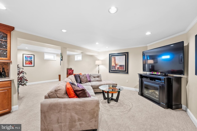 carpeted living room featuring crown molding