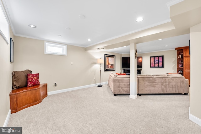 living room featuring light colored carpet and ornamental molding