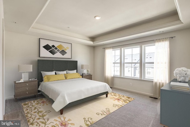 carpeted bedroom with a raised ceiling