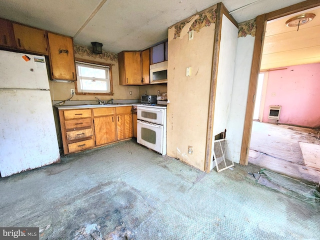 kitchen with heating unit and white appliances