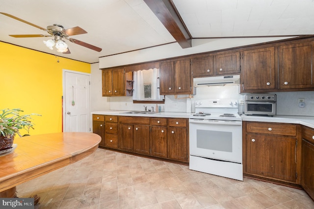 kitchen featuring vaulted ceiling with beams, white range with electric cooktop, light countertops, a sink, and under cabinet range hood