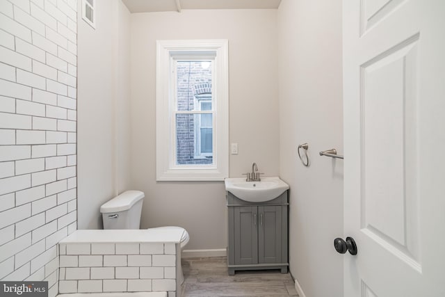 bathroom featuring vanity, hardwood / wood-style flooring, and toilet