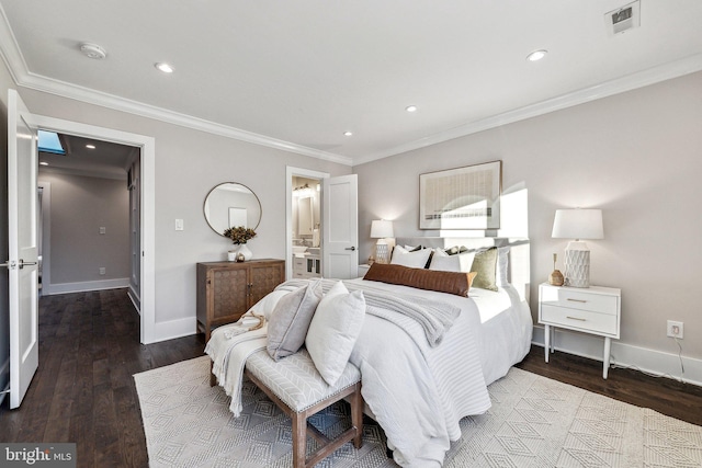 bedroom featuring wood-type flooring, crown molding, and ensuite bath