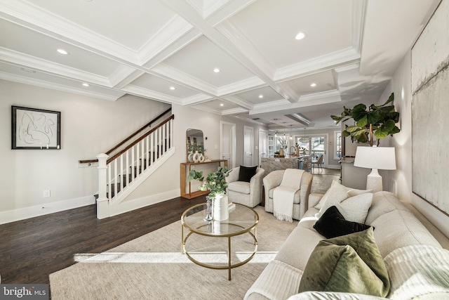 living room with crown molding, beamed ceiling, coffered ceiling, and hardwood / wood-style flooring