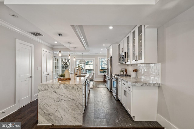 kitchen featuring light stone countertops, premium appliances, and white cabinetry