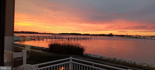 view of water feature with a dock