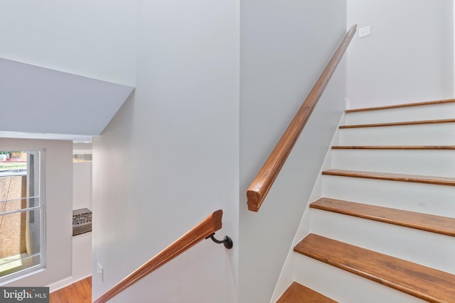 staircase with hardwood / wood-style floors