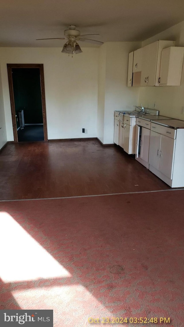 kitchen with white cabinets, ceiling fan, and sink