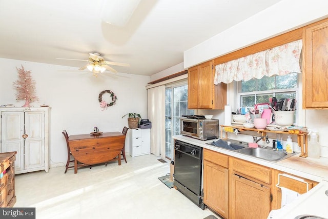 kitchen featuring ceiling fan, sink, a healthy amount of sunlight, and black dishwasher