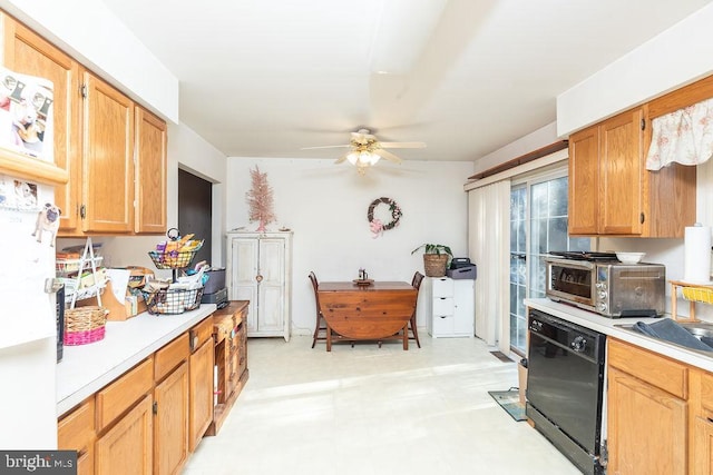 kitchen with ceiling fan and dishwasher